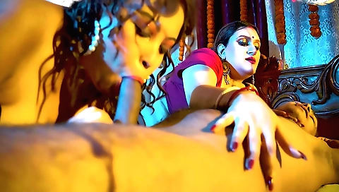 Chubby milf and a big-titted brunette with a huge ass fucking