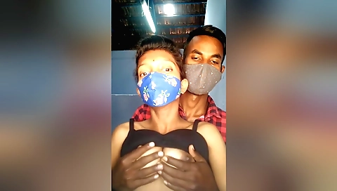 Small boobed chick pressed against his hard shaft on camera