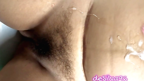 Amateur brunette with hairy pussy getting creampie