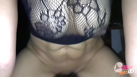 Amateur brunette with big boobs and cumming in view